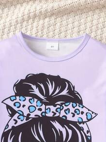 2 件套年轻女孩时尚豹纹长袖上衣和牛仔效果腰带裤套装，儿童春夏季服装 - 紫色 - 查看 5