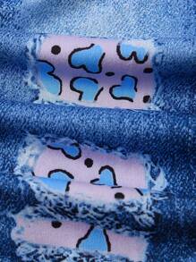 2 件套年轻女孩时尚豹纹长袖上衣和牛仔效果腰带裤套装，儿童春夏季服装 - 紫色 - 查看 6