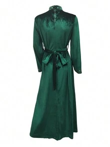 天鹅绒晚礼服长袍配水钻装饰，阿拉伯礼服 - 墨綠色 - 查看 4