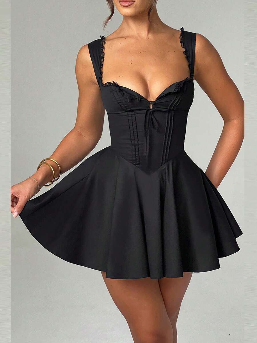 Women's Mini Corset Dress A-Line Deep V Neck Backless Ruffle Hem Sleeveless Dress For Party Club - màu đen - Xem 1