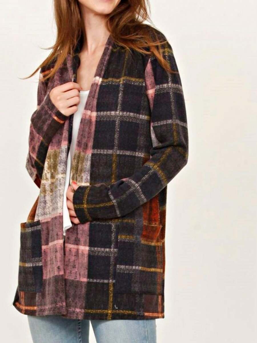 Boho Vintage 90's Plaid Stripe Tie Dye  Elbow Patch 60's Classic Slouch Cardigan With Pocket - 粉色 - 查看 1
