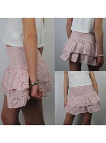 Women's Shirred Mini Skirt A-Line Pointelle High Waist Layered Ruffle Skirt For Summer Party Club - Pink - View 3