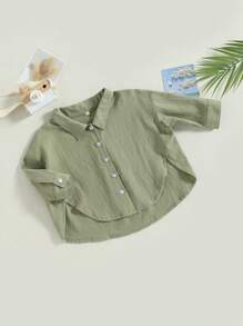 Tops de verano para niños pequeños y bebés, camisas de manga corta con cuello de solapa y botones de color liso - verde oliva - Ver 3
