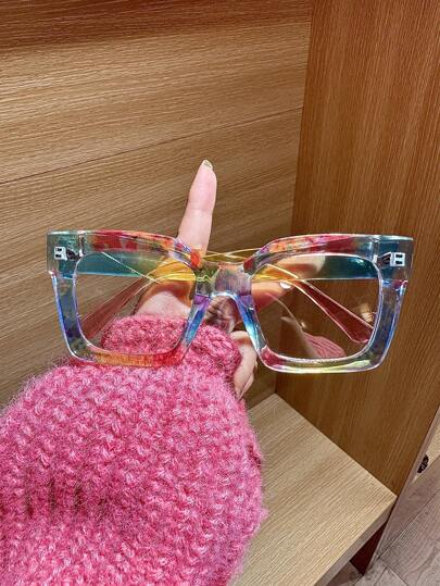 4pcs/2pcs/1pc Retro Floral Pattern Large Frame Women Clear Lens Glasses, Flattering European/American Street Style Fashion Eyewear Frame For Summer Beach Vacation,Outdoor,Travel