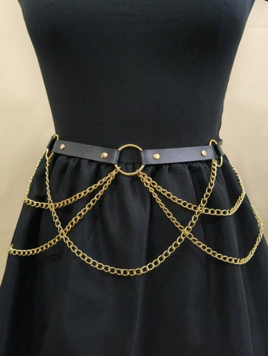 女士朋克风格链式腰带吊带腰链，多种尺寸，适合派对和日常穿着 - 金色 - 查看 1
