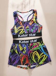 [Graffiti Series]Women's Letter Print Sports Bra And Pantines Set Lingerie - Multicolor - View 3