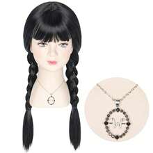 morningsilkwig 3 Mảnh Anime Black Wednesday Tóc Giả Với Vòng Cổ Và Găng Tay Cho Giáng Sinh Tóc Giả Dài Thẳng Đen Bện Tóc Giả Addams Sợi Tổng Hợp Cho Bé Gái Cho Tiệc Lễ Hội Lễ Hội Giáng Sinh Halloween Trang Phục Cosplay - màu đen - Xem 4