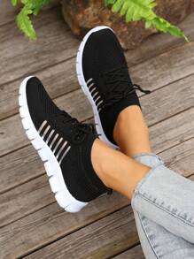 Sapatos femininos de malha respirável, tiras delicadas de garganta profunda, sola grossa, tênis casuais para corrida, primavera/verão