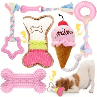 6 stuks puppy-speelgoed voor doorkomende tandjes, kleine hondenkauwspeeltjes met touw, schattige zachte rubberen puppy-speelgoedset, kattenmoeder, hondenmoeder, kattenliefhebber, hondenliefhebber, beste kattenmoeder, beste hondenmoeder
