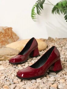 2024 年春/秋时尚漆皮粗跟方头高跟鞋，黑色女士正式办公室工作鞋