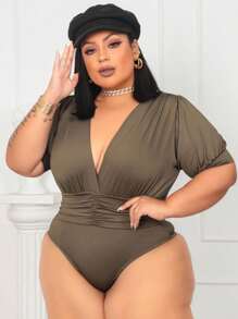 Women's Plus Size Princess Bodysuit / Women's Short Sleeve Blouse / Wrapped / Low-Cut V-Neck / Blogger Fashion - xanh quân đội - Xem 3
