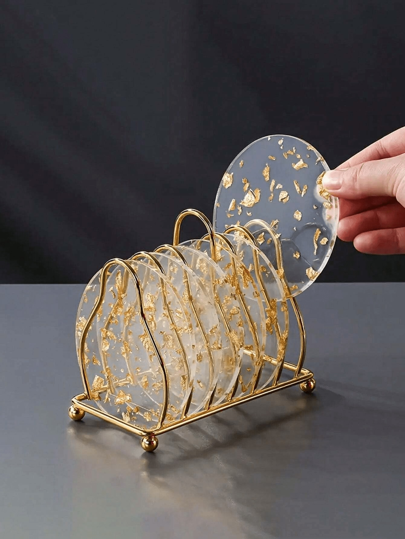 Acrylic Coasters With Gold Foil - Luxury Tea Cup Insulating Coasters - Fashionable Round Tabletop Protective Home Decor Set