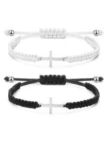 2pcs Stainless Steel Cross Bracelet, Black And White Woven Rope Couple Bracelets, Size Adjustable, Ideal Choice For Gifts