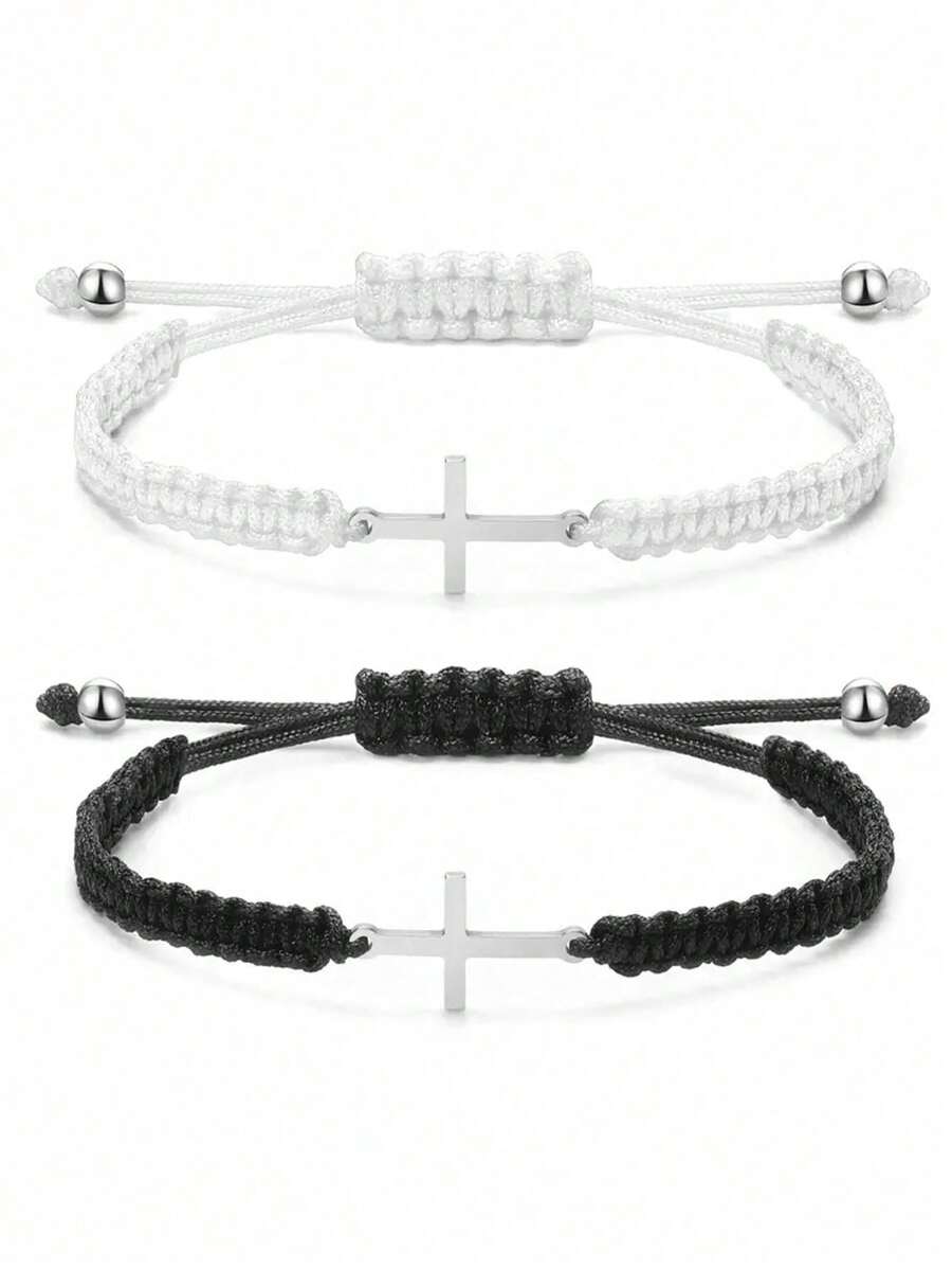 2pcs Stainless Steel Cross Bracelet, Black And White Woven Rope Couple Bracelets, Size Adjustable, Ideal Choice For Gifts