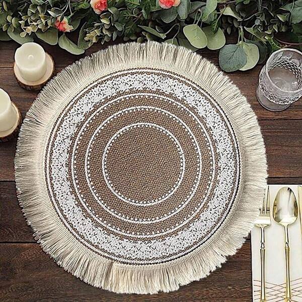 1/4/6/8/10pcs Round White Tasseled Heat Insulation Mat, Kitchen Dining Table Placemat Decor
