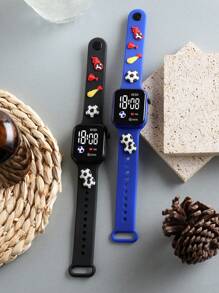 2pcs Battery Operated Unisex Football Decor LED Digital Wristwatch, Suitable For Daily Wear