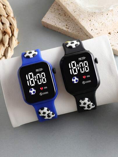 2 Pieces Boy's Fashionable And Classic Football Digital Square LED Children's Watch Is Suitable For Wearing During The School Reopening Season. It Is A Wristband Electronic Watch That Is Suitable For Daily Life, Sports, Going To School, Parties And Traveling. It Is Suitable As A Gift For Friends, Birthday Gifts, Graduation Season. It Is The Perfect Gift For Boys.