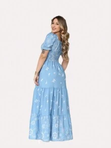 Women's Long Dress With Short Sleeves And Print - Azul - Ver 2