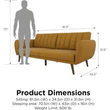 Novogratz Brittany Futon Sofa Bed And Couch Sleeper, Camel Faux Leather - 芥末亞麻布 - 查看 3