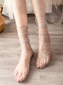 1 Pair Women Fashion Glitter And Stars Tulle Socks See Through Transparent Colorful Star Summer Ultra-Thin Loose Long Socks Mesh Lace Socks - Multicolor - View 1