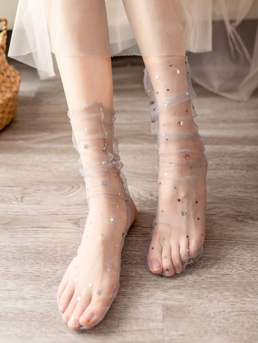 1 Pair Women Fashion Glitter And Stars Tulle Socks See Through Transparent Colorful Star Summer Ultra-Thin Loose Long Socks Mesh Lace Socks - Multicolor - View 1