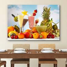 1pc Canvas Print Wall Art Tropical Fruit Smoothies With Strawberry & Orange Garnish Fruit Food Photography Realism Chic Scenic Colorful Multicolor For Coffee Shop, Restaurant, Living Room, Kitchen, Home Decoration,  Framed Ready To Hang After