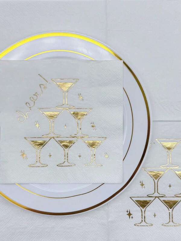 16pcs/Set, Premium Cheers Design Foil Stamped Napkins, 10*10inch, Wedding, New Year, Birthday, Party, Restaurant Hotel Decorations, Party Supplies