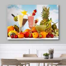 1pc Canvas Print Wall Art Tropical Fruit Smoothies With Strawberry & Orange Garnish Fruit Food Photography Realism Chic Scenic Colorful Multicolor For Coffee Shop, Restaurant, Living Room, Kitchen, Home Decoration,  Framed Ready To Hang After
