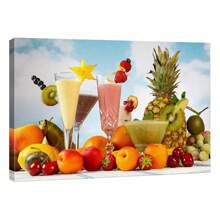 1pc Canvas Print Wall Art Tropical Fruit Smoothies With Strawberry & Orange Garnish Fruit Food Photography Realism Chic Scenic Colorful Multicolor For Coffee Shop, Restaurant, Living Room, Kitchen, Home Decoration,  Framed Ready To Hang After