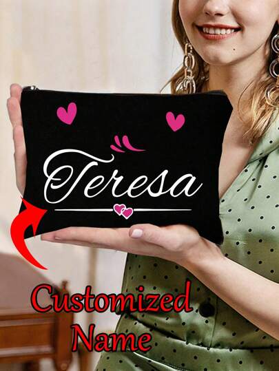 1pc Customizable Heart Pattern Makeup Bag With Personalized Name, Storage Pouch, Charming New Year Gift