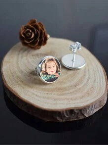 1 Pair Of Customized Photo Earrings - Personalized Image Glass Round Earrings, Fashionable Stainless Steel Earrings, Girl's Unique Pattern Logo Earrings, Customized Jewelry Gifts Back To School Winter Gift Ideas Boy Girl Valentine's Day