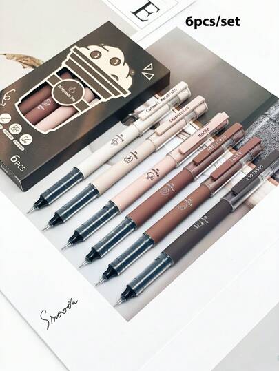 6pcs/8pcs Coffee Theme Liquid Quick-Drying Ink Gel Pens, No Smear Soft Touch Pens For Note Taking Drawing School Office Supplies Back To School