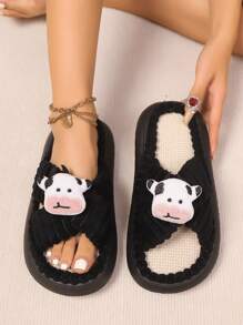Dép đế vải lanh mùa thu/đông mới cho nữ, Dép đi trong nhà đế EVA siêu mềm, chống trượt êm ái, Dép quai chéo họa tiết bò nhồi bông dễ thương cho nữ và nữ sinh đại học, cỡ lớn - màu đen - Xem 5