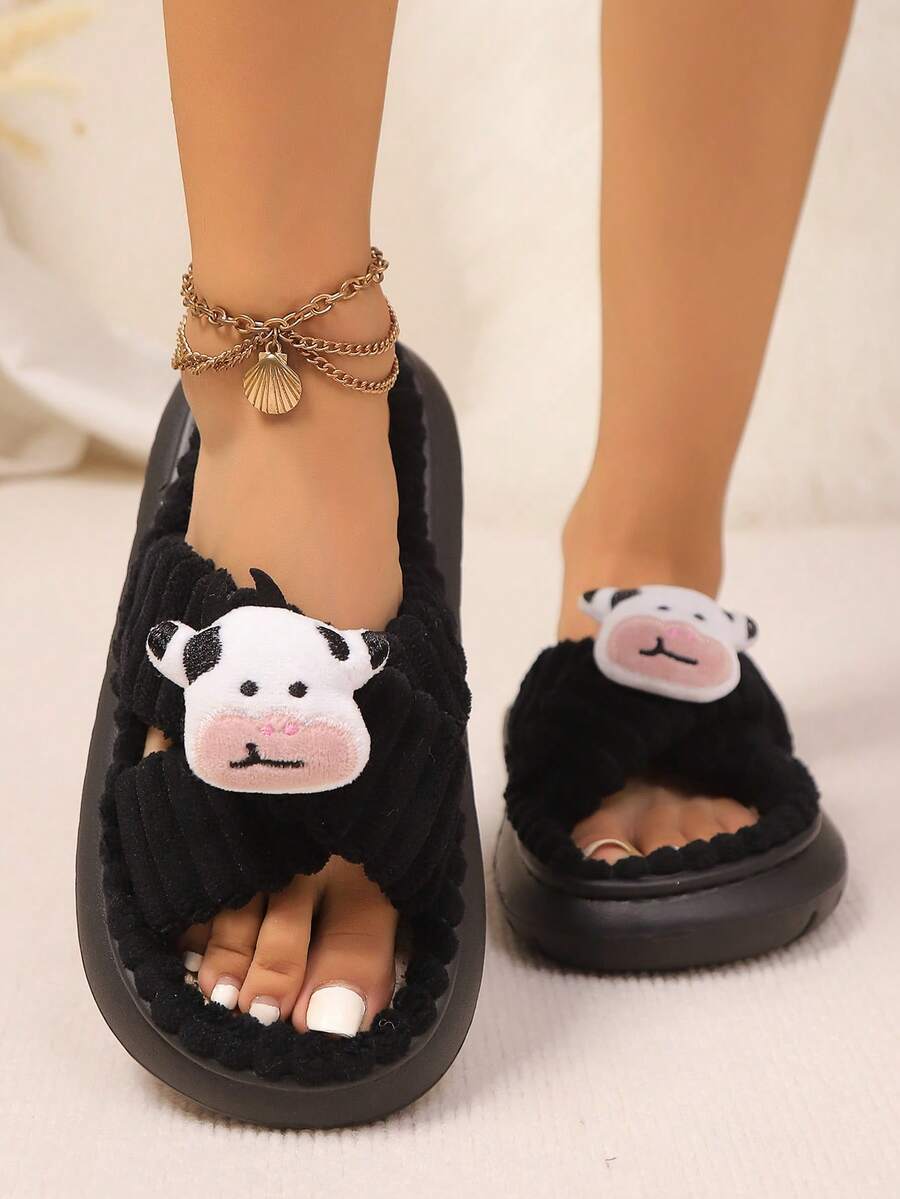 Dép đế vải lanh mùa thu/đông mới cho nữ, Dép đi trong nhà đế EVA siêu mềm, chống trượt êm ái, Dép quai chéo họa tiết bò nhồi bông dễ thương cho nữ và nữ sinh đại học, cỡ lớn - màu đen - Xem 1