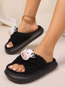 Dép đế vải lanh mùa thu/đông mới cho nữ, Dép đi trong nhà đế EVA siêu mềm, chống trượt êm ái, Dép quai chéo họa tiết bò nhồi bông dễ thương cho nữ và nữ sinh đại học, cỡ lớn - màu đen - Xem 2