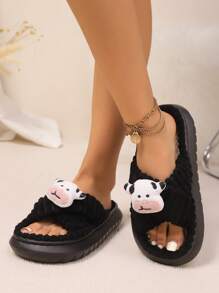 Dép đế vải lanh mùa thu/đông mới cho nữ, Dép đi trong nhà đế EVA siêu mềm, chống trượt êm ái, Dép quai chéo họa tiết bò nhồi bông dễ thương cho nữ và nữ sinh đại học, cỡ lớn - màu đen - Xem 3