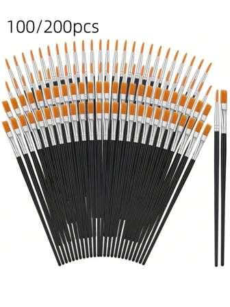 100/200pcs Paint Brush Set - Washable Nylon Bristles, Flat & Round Detailed Mini Brushes Suitable For Acrylic, Oil, Watercolor Painting - Perfect For Crafts (Black),Back To School,School Supplies