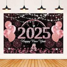 1 件 2025 新年玫瑰金装饰背景横幅适用于新年派对场地装饰 - 粉色 - 查看 1