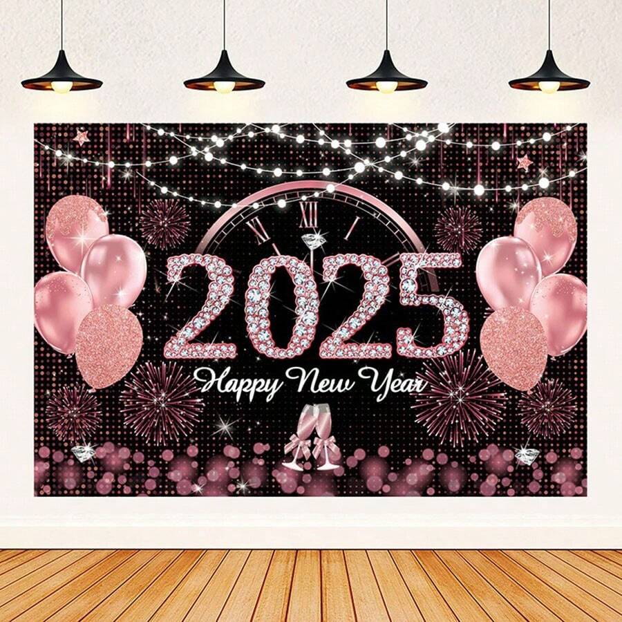 1 件 2025 新年玫瑰金装饰背景横幅适用于新年派对场地装饰 - 粉色 - 查看 1