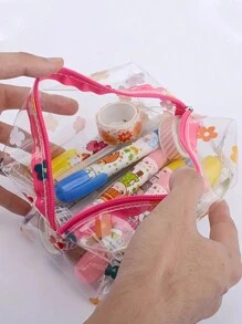 1pc Transparent PVC Pencil Case, Large Capacity Multi-Purpose Bag, Colorful Floral Design, Portable Zipper Storage Pouch For Makeup, Stationery & Accessories,Pencil Pouch,School Bag