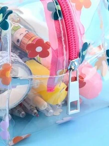 1pc Transparent PVC Pencil Case, Large Capacity Multi-Purpose Bag, Colorful Floral Design, Portable Zipper Storage Pouch For Makeup, Stationery & Accessories,Pencil Pouch,School Bag