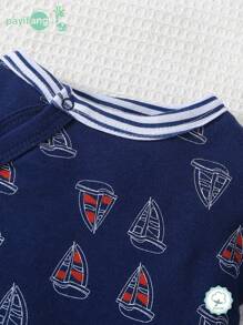 Conjunto de 2 peças de macacão infantil de manga comprida, macacão para meninos com design de barco a vela no oceano outono/inverno