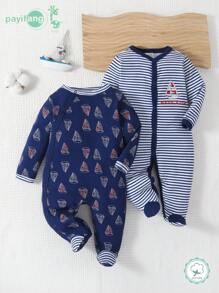 Conjunto de 2 peças de macacão infantil de manga comprida, macacão para meninos com design de barco a vela no oceano outono/inverno