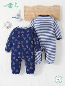 Conjunto de 2 peças de macacão infantil de manga comprida, macacão para meninos com design de barco a vela no oceano outono/inverno