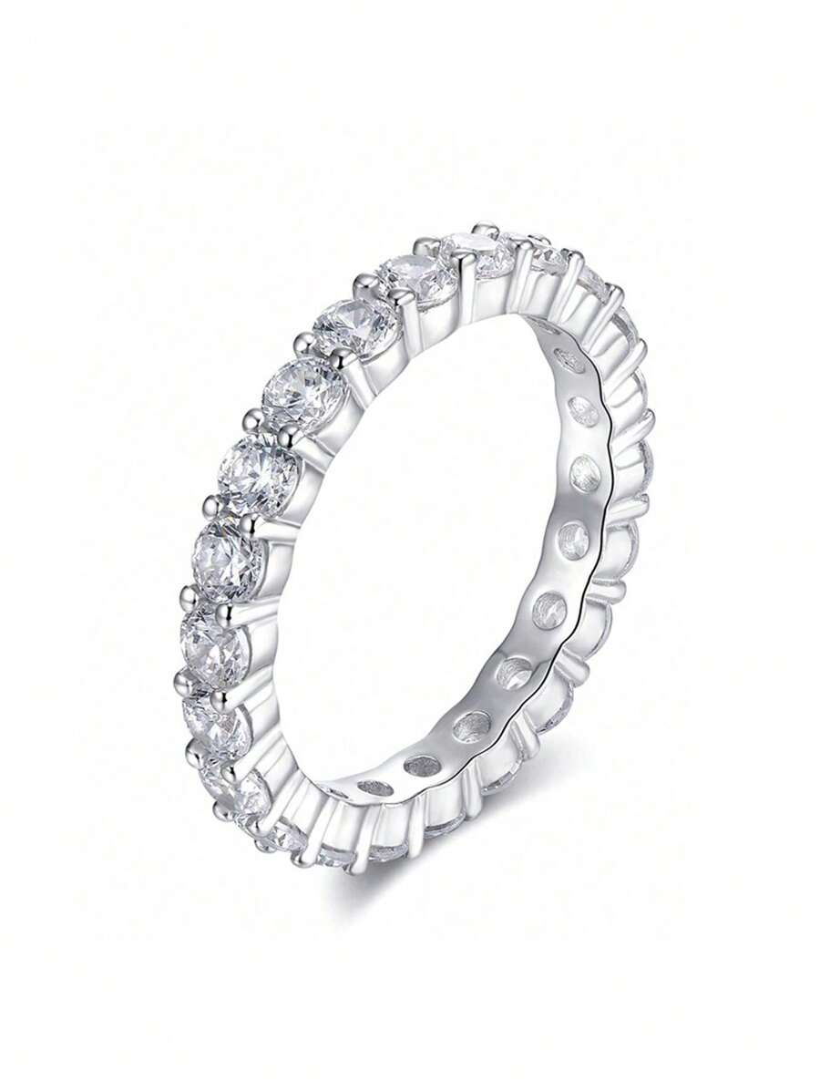 1pc S925 Sterling Silver Women's Ring, Full CZ Stone Stackable Ring For Index Finger, Wedding/Party/Festival Hand Accessory