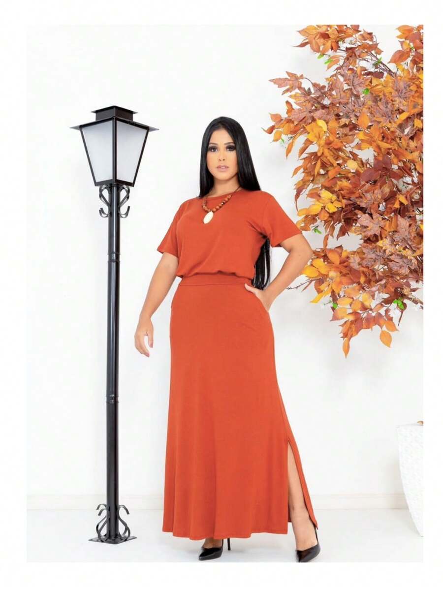 Women's Plus Size Viscolycra Blouse And Skirt Set With Side Pockets One Size - Fits Sizes 42 To 46 - Mái ngói - Xem 1