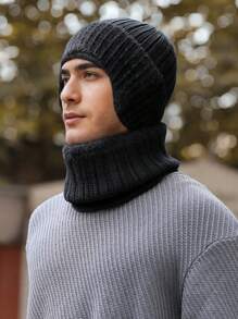 2 件套：1 顶男士无檐便帽 + 1 条围巾，蓬松翻边竖条纹护耳针织帽，保暖防风冬季户外休闲头饰 - A - 查看 23