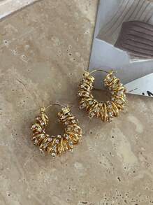 Nghệ thuật quấn dây thời trang phong cách INS Châu Âu và Mỹ mới lạ Bông tai kim loại Cubic Zirconia, khuyên tai tròn vàng rỗng - Vàng - Xem 3