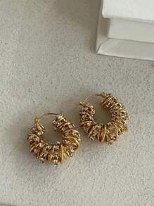 Nghệ thuật quấn dây thời trang phong cách INS Châu Âu và Mỹ mới lạ Bông tai kim loại Cubic Zirconia, khuyên tai tròn vàng rỗng - Vàng - Xem 2
