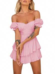 Women Short Jumpsuit, Short Sleeve Off-Shoulder Solid Summer Playsuit For Party Club - Pink - View 2